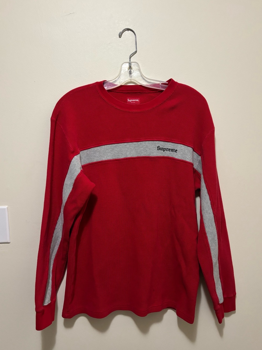 Supreme Panel Stripe Waffle Thermal Long Sleeve (Red / Grey, Size Medium)